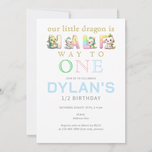 Little Dragon Blue Halfway to One 6 Month Birthday Invitation