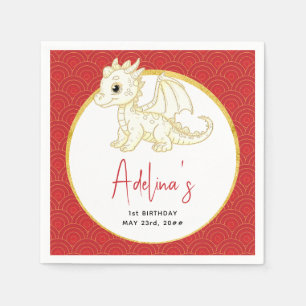 Little Dragon Cute Gold Red Baby 1st Birthday Napkins