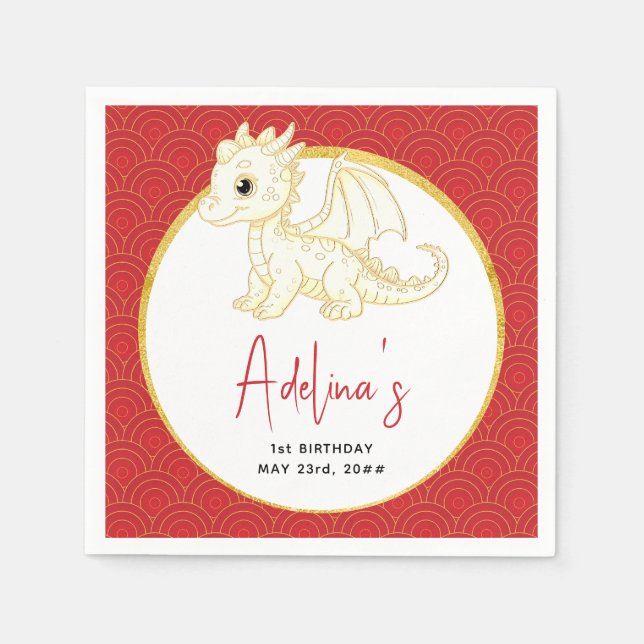 Little Dragon Cute Gold Red Baby 1st Birthday Napkins (Front)