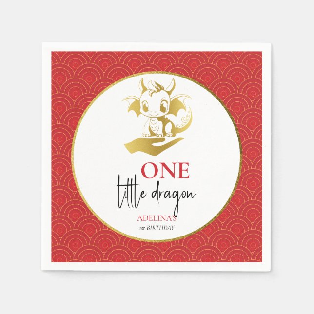 Little Dragon Cute Red Gold Baby 1st Birthday Napkins (Front)