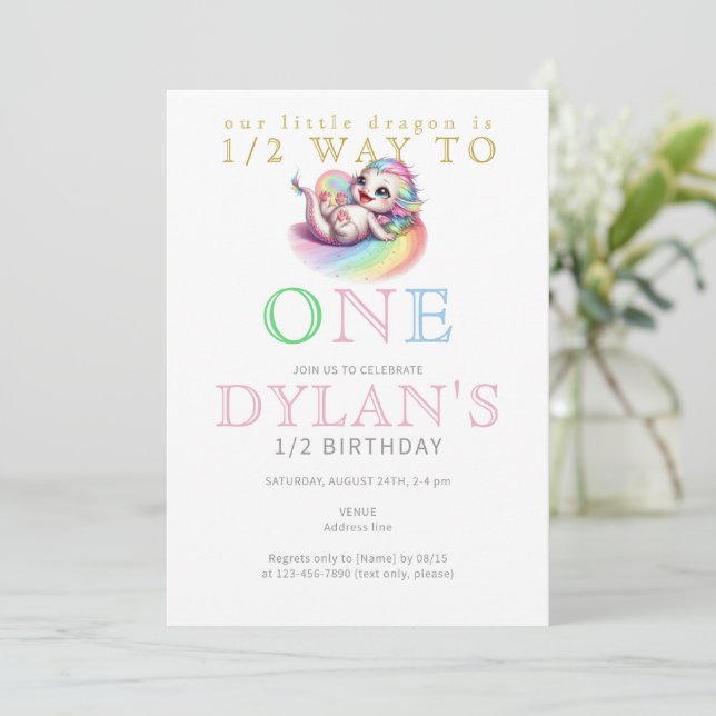 Little Dragon Halfway to One Pink 6 Month Birthday Invitation (Standing Front)