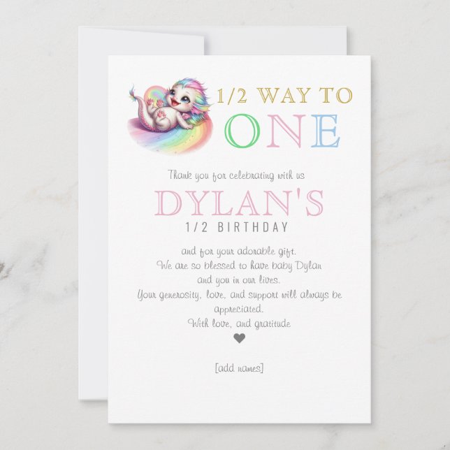 Little Dragon Halfway to One Pink 6 Month Birthday Thank You Card (Front)