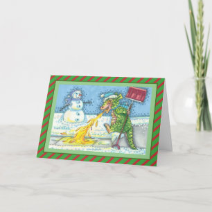 LITTLE DRAGON MELTING & SHOVELING SNOW Funny Blank Holiday Card