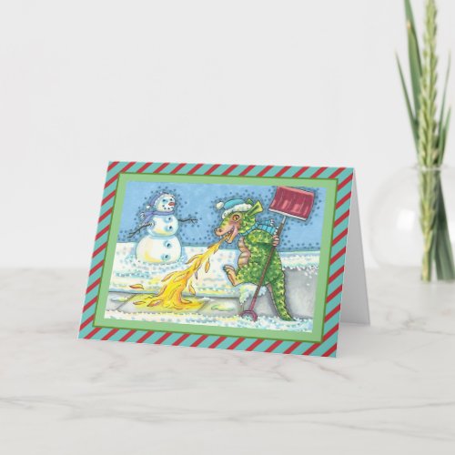 LITTLE DRAGON MELTING  SHOVELING SNOW Funny Blank Holiday Card