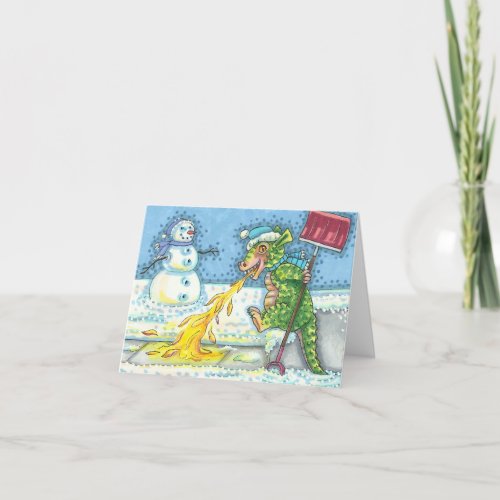 LITTLE DRAGON MELTING  SHOVELING SNOW Funny Blank Holiday Card