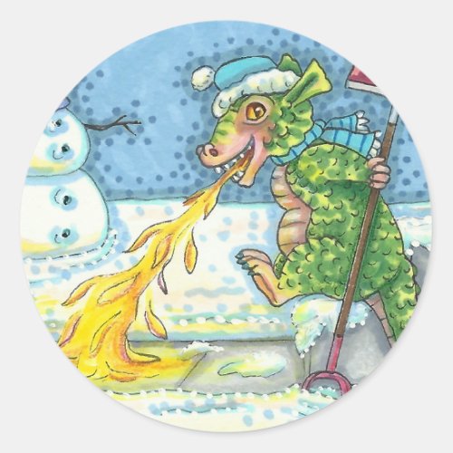 LITTLE DRAGON MELTING  SHOVELING SNOW FUNNY CUTE CLASSIC ROUND STICKER