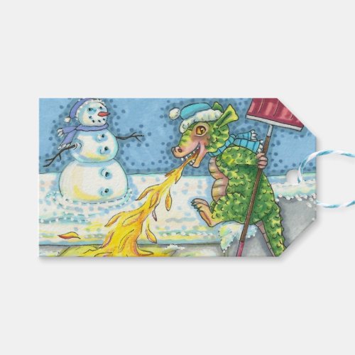 LITTLE DRAGON MELTING  SHOVELING SNOW FUNNY CUTE GIFT TAGS