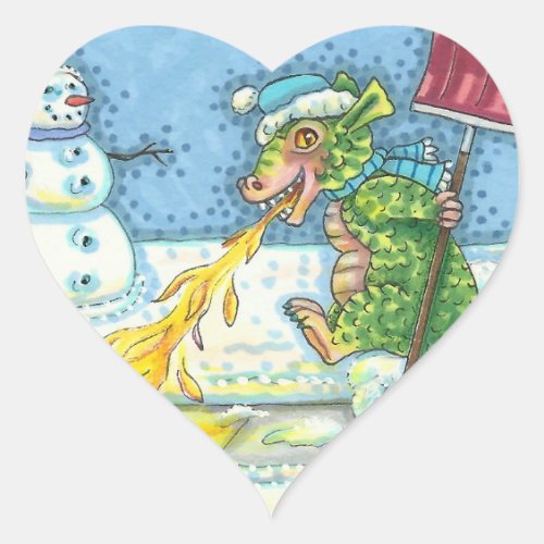 LITTLE DRAGON MELTING  SHOVELING SNOW FUNNY CUTE HEART STICKER