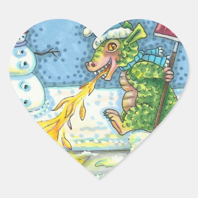 LITTLE DRAGON MELTING & SHOVELING SNOW, FUNNY CUTE HEART STICKER (Front)