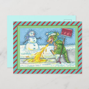 LITTLE DRAGON MELTING & SHOVELING SNOW, FUNNY CUTE HOLIDAY POSTCARD