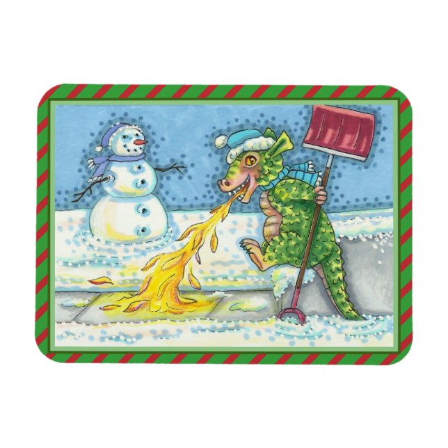 LITTLE DRAGON MELTING & SHOVELING SNOW, FUNNY CUTE MAGNET (Horizontal)