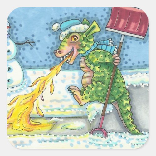 LITTLE DRAGON MELTING  SHOVELING SNOW FUNNY CUTE SQUARE STICKER
