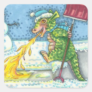 LITTLE DRAGON MELTING & SHOVELING SNOW, FUNNY CUTE SQUARE STICKER