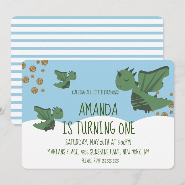 Little Dragons Glitter and Clouds Birthday Party Invitation (Front/Back)