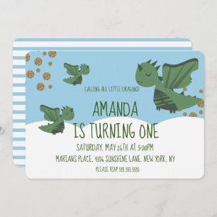 Little Dragons Glitter and Clouds Birthday Party Invitation