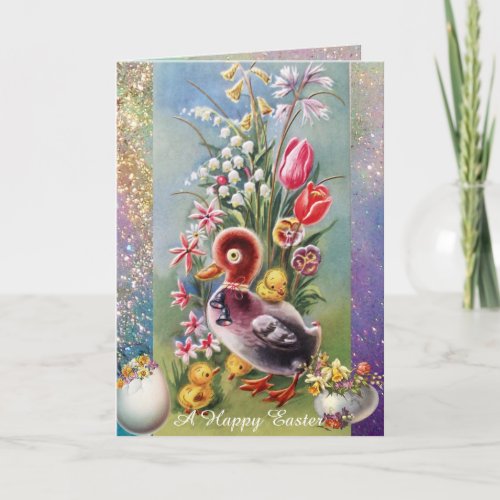 LITTLE DUCKCHICKENSEASTER EGGS WITH FLOWERS HOLIDAY CARD