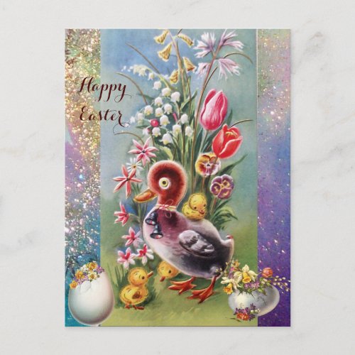 LITTLE DUCKCHICKENSEASTER EGGS WITH FLOWERS HOLIDAY POSTCARD