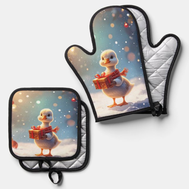 Little Duck Christmas Oven Mitt & Pot Holder Set (Front/Back)