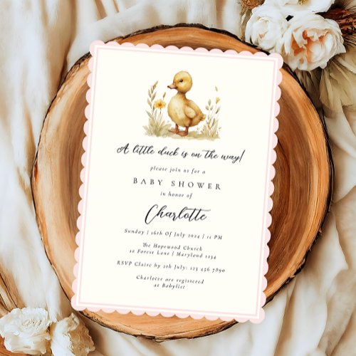 Little Duck Scallopped Baby Pink Girl Baby Shower Invitation