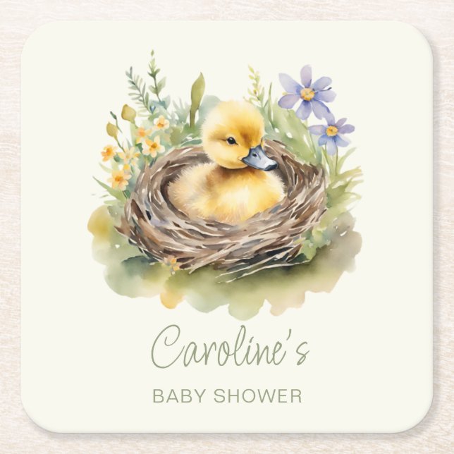 Little Duckling Duck Baby Shower Personalized Square Paper Coaster (Front)