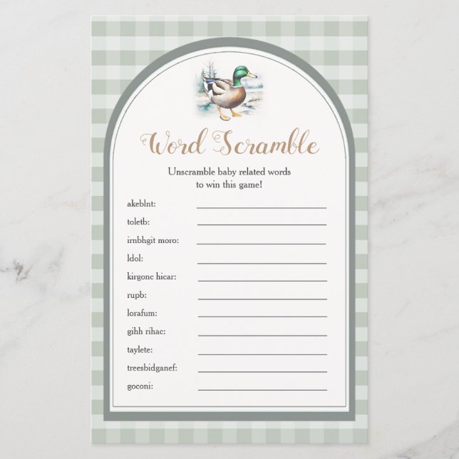 Little Duckling Gingham Baby Shower Word Scramble (Front)