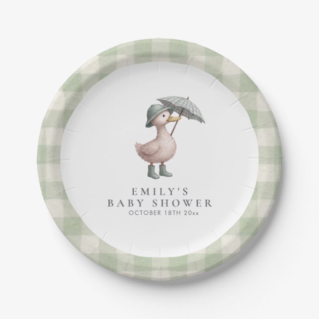 Little Duckling Green Gender Neutral Baby Shower Paper Plates (Front)