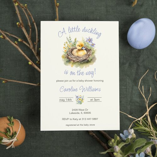 Little Duckling Is On The Way Baby Boy Shower Blue Invitation