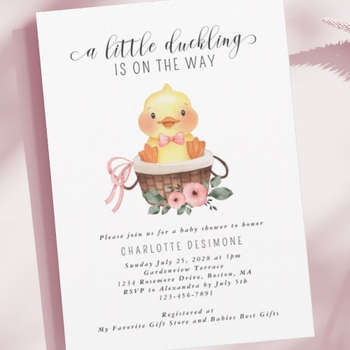 Little Duckling Is On The Way Baby Girl Shower Invitation