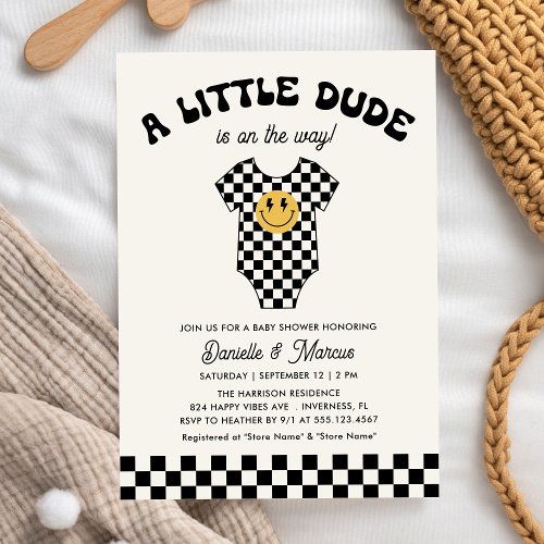 Little Dude Baby Bodysuit Retro Baby Shower Invitation