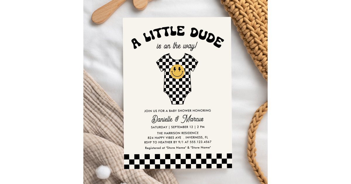 Little Dude Baby Bodysuit Retro Baby Shower Invitation