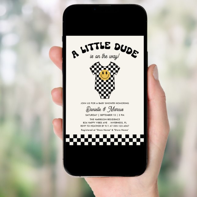 Little Dude Baby Bodysuit Retro Baby Shower Invitation (Front Digital)