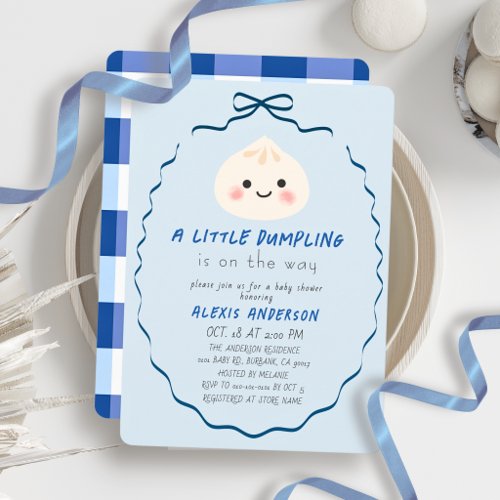 Little Dumpling Blue Bow Boy Baby Shower Invitation
