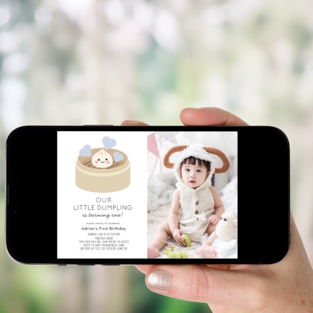 Little Dumpling Blue Boy 1st Birthday Photo Invitation (Front Digital)