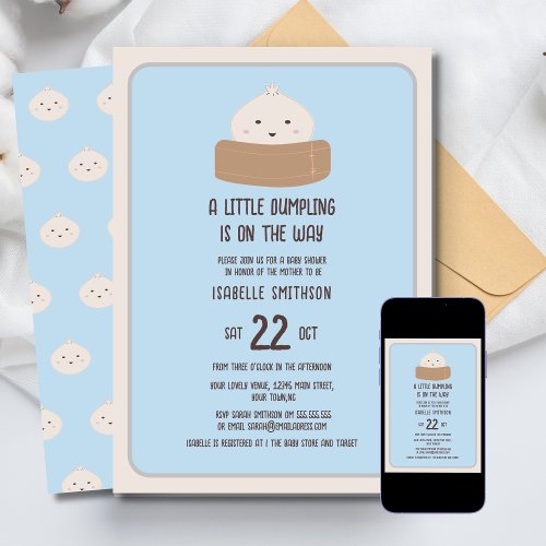 Little Dumpling On The Way Blue Baby Shower Invitation