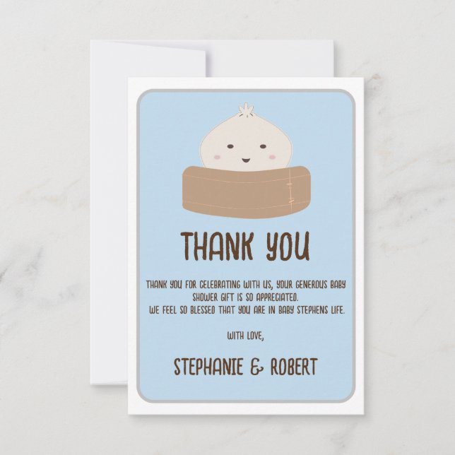 Little Dumpling On The Way Blue Baby Shower Thank You Card (Front)