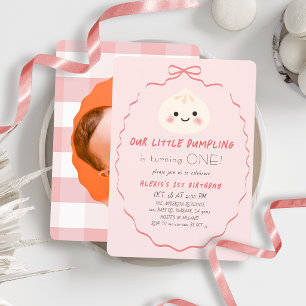Little Dumpling Pink Bow Girl 1st Birthday Photo Invitation