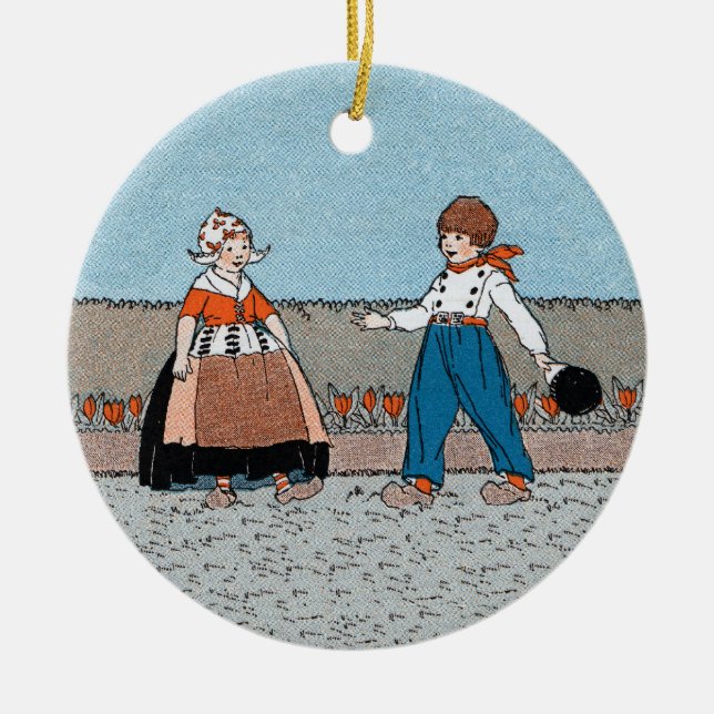 Little Dutch Girl Boy Wooden Shoes Red Tulips Ceramic Ornament (Front)