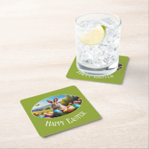 Little Easter bunny in landscape, oval - Square Paper Coaster