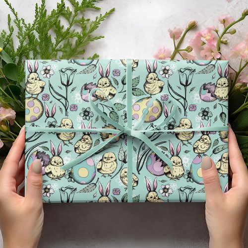 Little Easter Chicks  Bunny Ears Eggs  Flowers Wrapping Paper