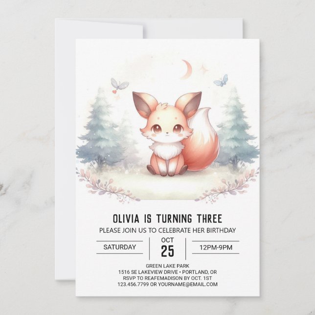 Little Elegant Fox Birthday digital  Invitation (Front)
