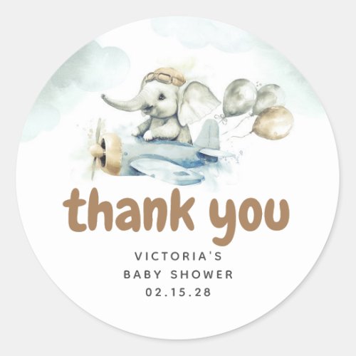 Little Elephant and Airplane Thank You Classic Round Sticker