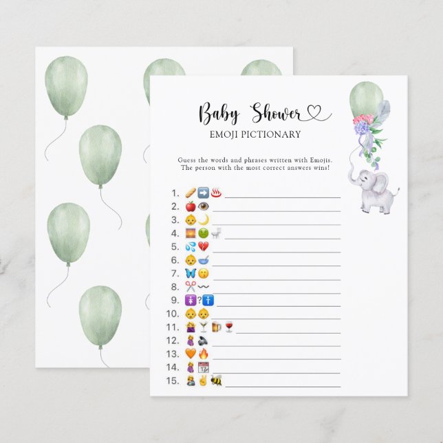 Little Elephant baby shower emoji pictionary game (Front/Back)