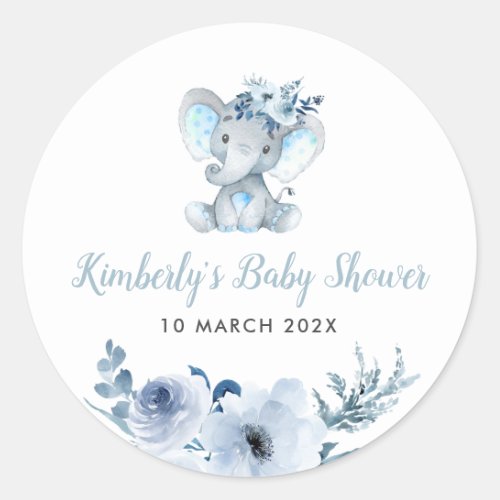 Little elephant blue floral baby shower classic round sticker