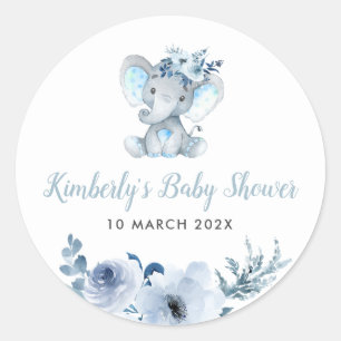 Little elephant blue floral baby shower classic round sticker