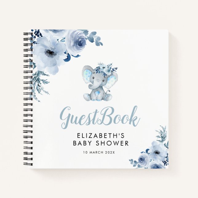 little elephant blue floral baby shower guestbook notebook (Front)