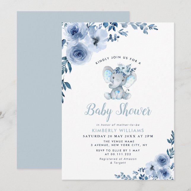 little elephant blue floral baby shower invitation (Front/Back)