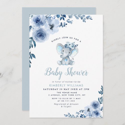 little elephant blue floral baby shower invitation