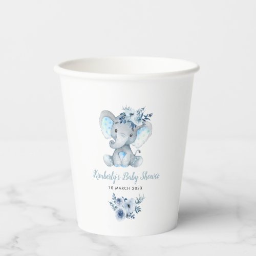 Little elephant blue floral baby shower paper cups