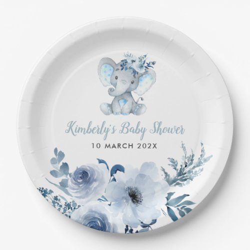 Little elephant blue floral baby shower  paper plates
