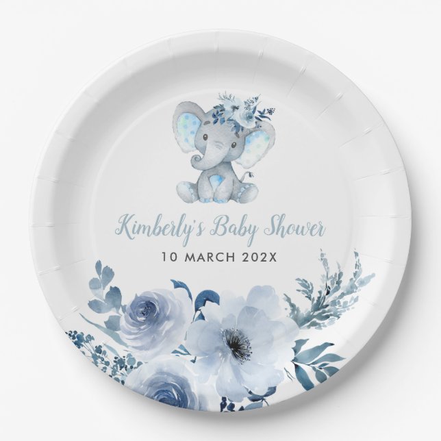 Little elephant blue floral baby shower  paper plates (Front)